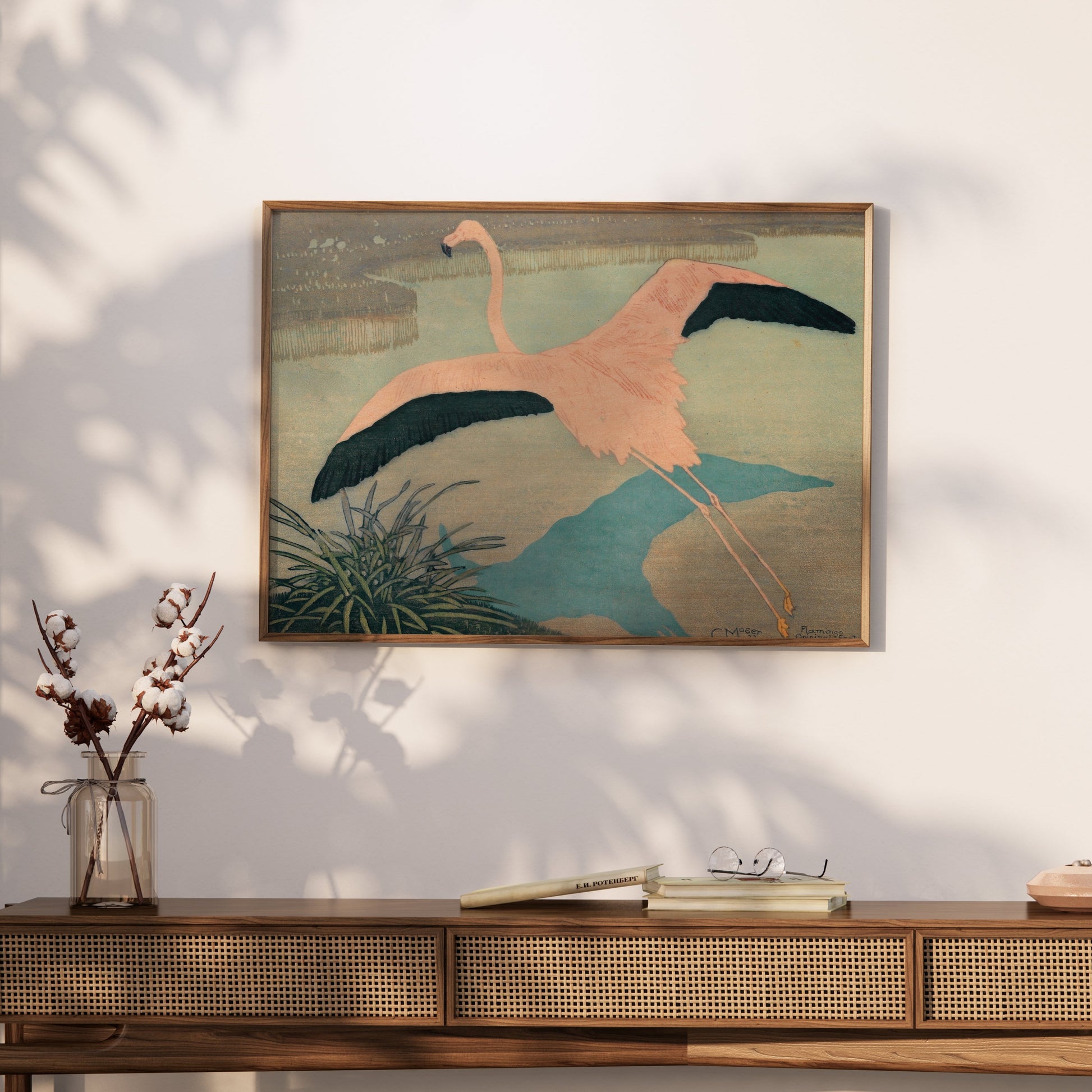 Premium Poster of Flamingo Over Pond Japanese Art Posters