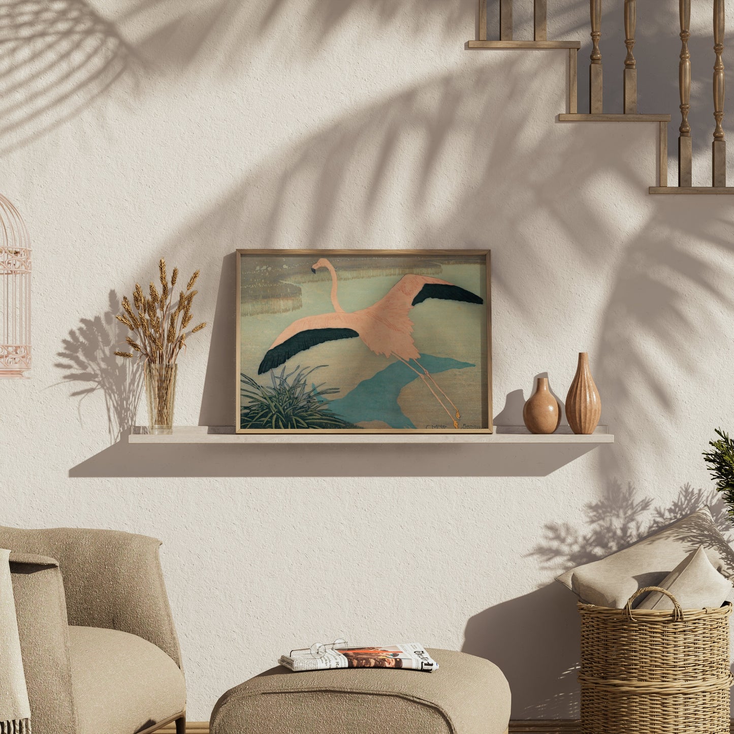 Premium Poster of Flamingo Over Pond Japanese Art Posters