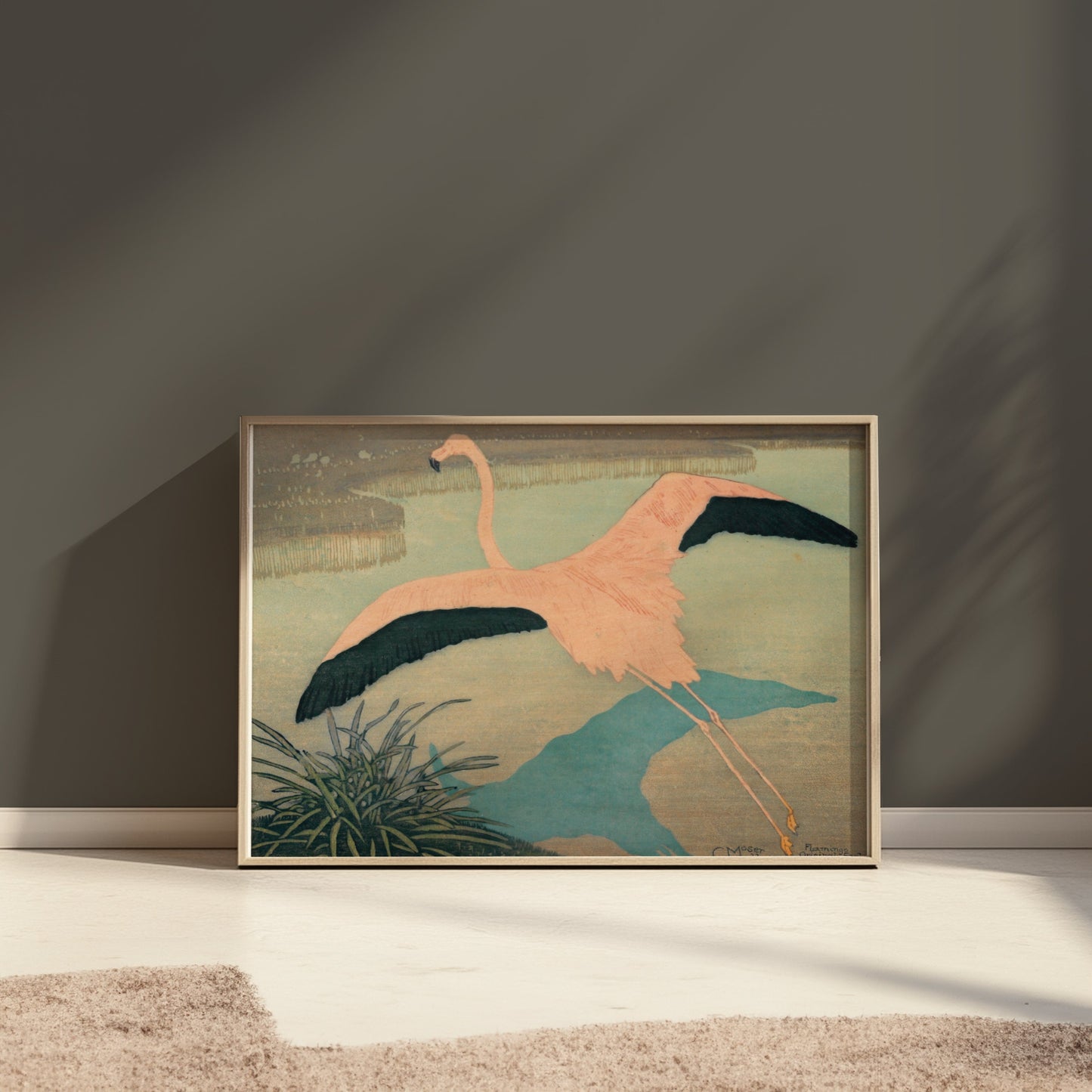 Premium Poster of Flamingo Over Pond Japanese Art Posters