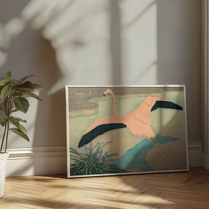 Premium Poster of Flamingo Over Pond Japanese Art Posters