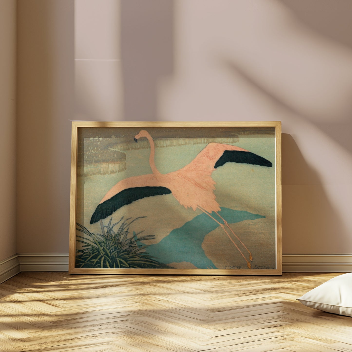 Premium Poster of Flamingo Over Pond Japanese Art Posters