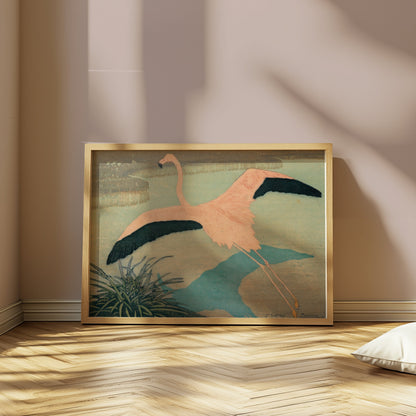Premium Poster of Flamingo Over Pond Japanese Art Posters