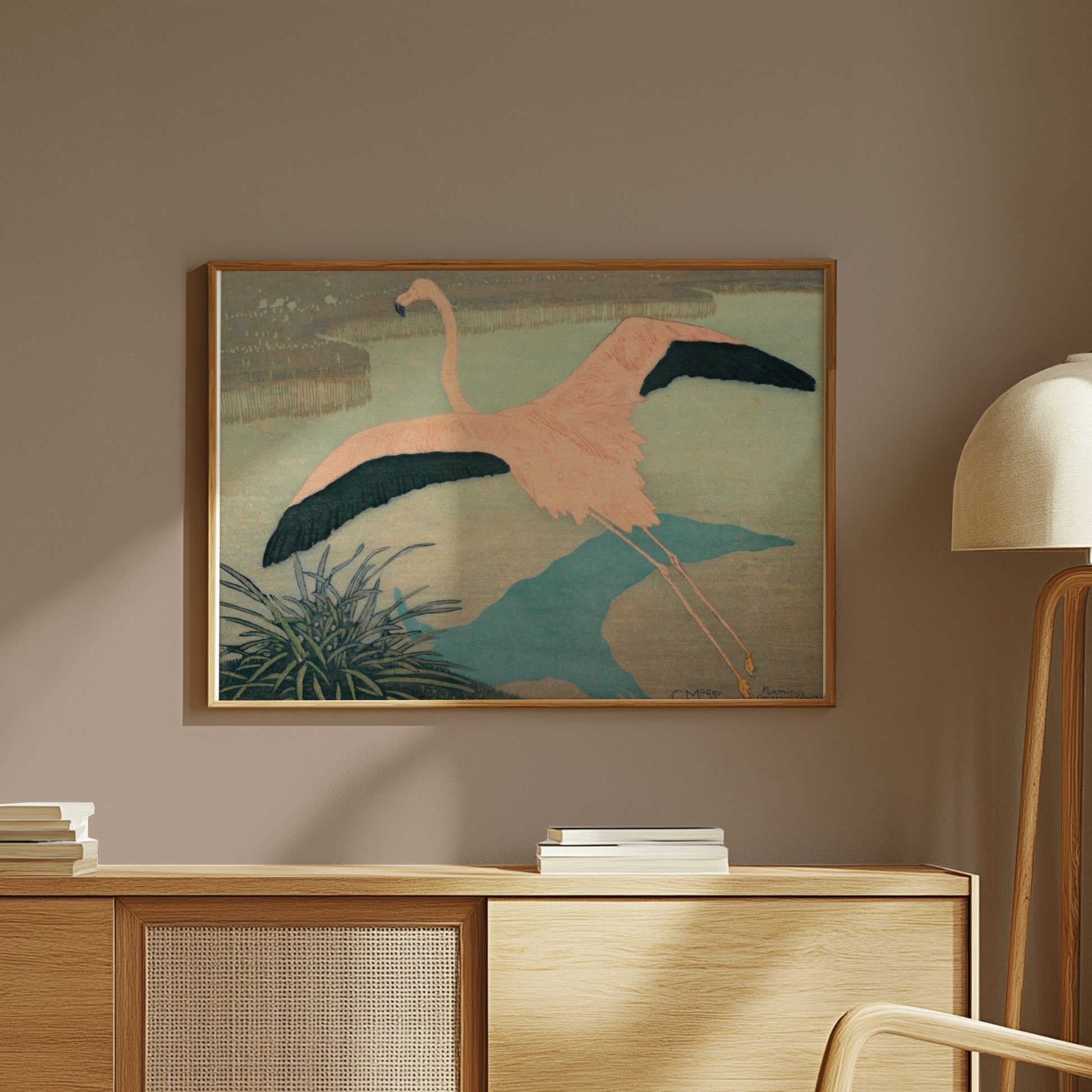 Premium Poster of Flamingo Over Pond Japanese Art Posters