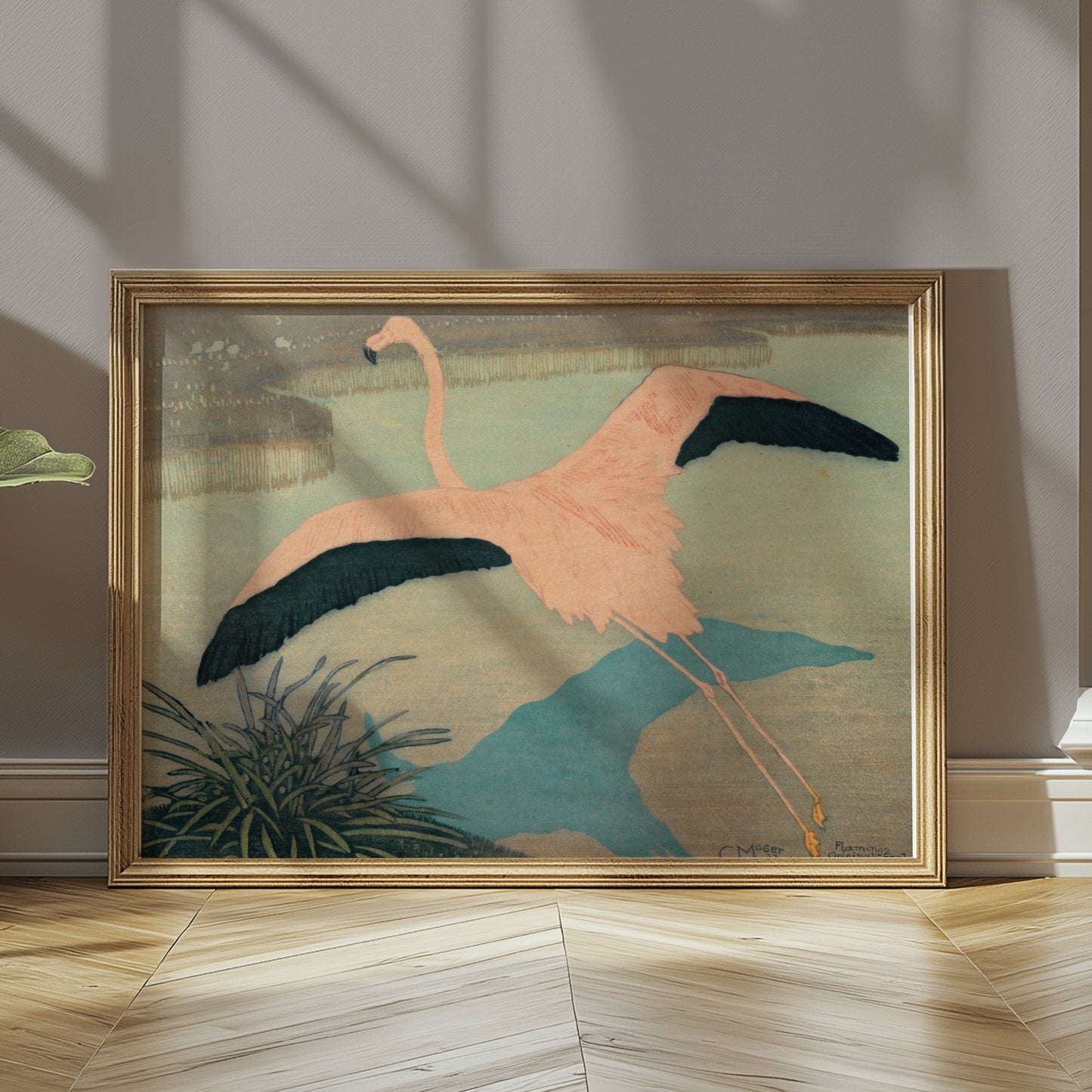 Premium Poster of Flamingo Over Pond Japanese Art Posters