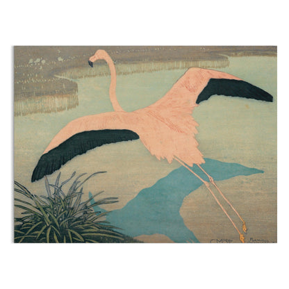 Premium Poster of Flamingo Over Pond Japanese Art Posters
