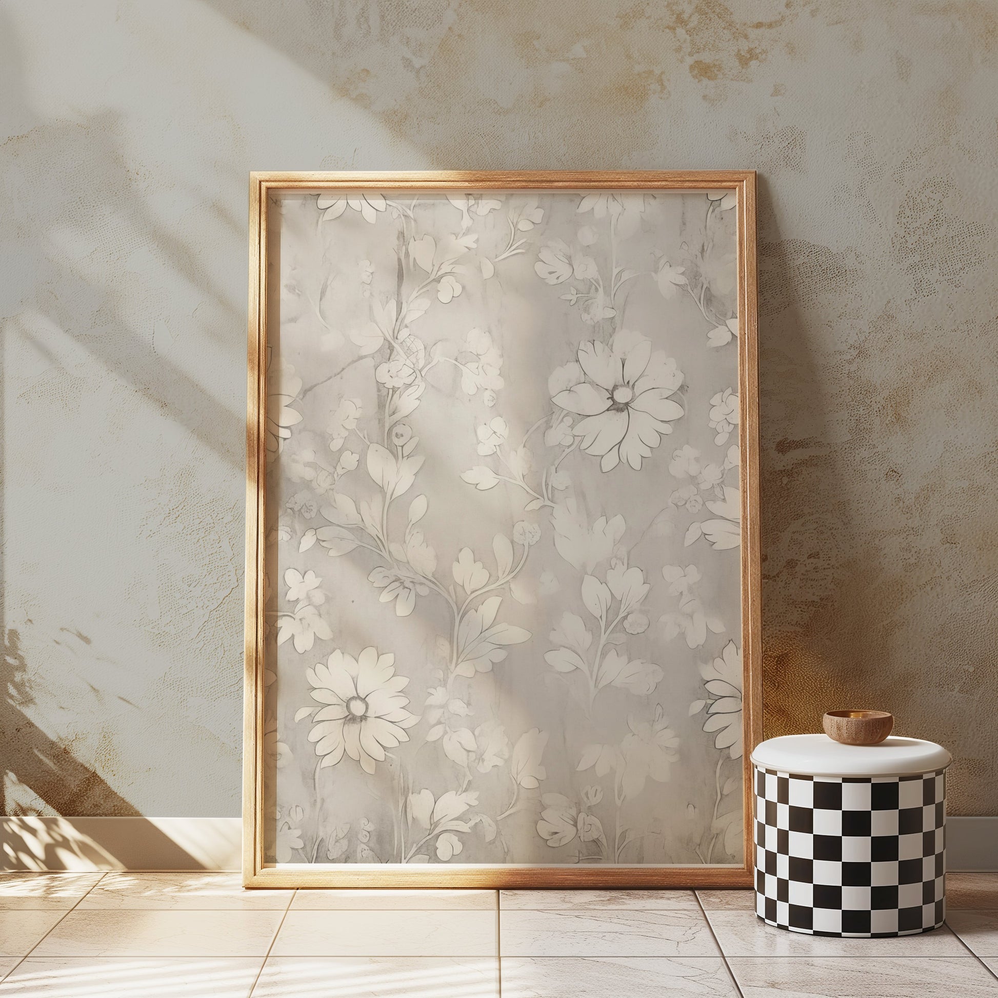 Framed floral art print with white flowers, styled in a rustic setting with textured walls and a checkered decorative stool.