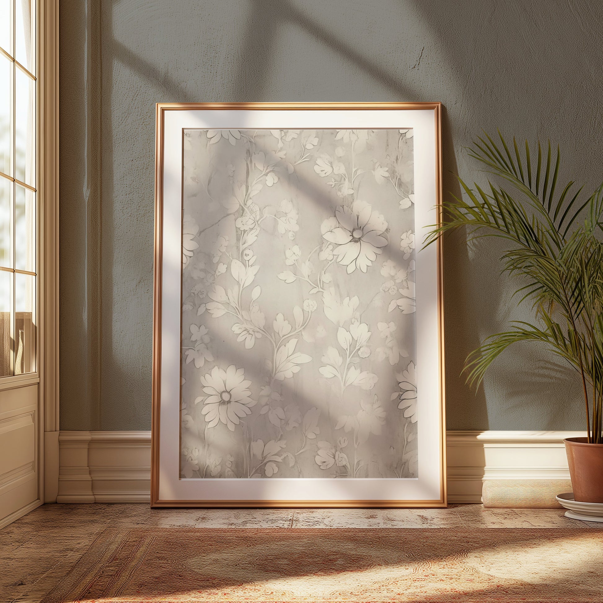 Framed floral art print with white flowers, styled in a classic interior with soft lighting and a potted plant accent.