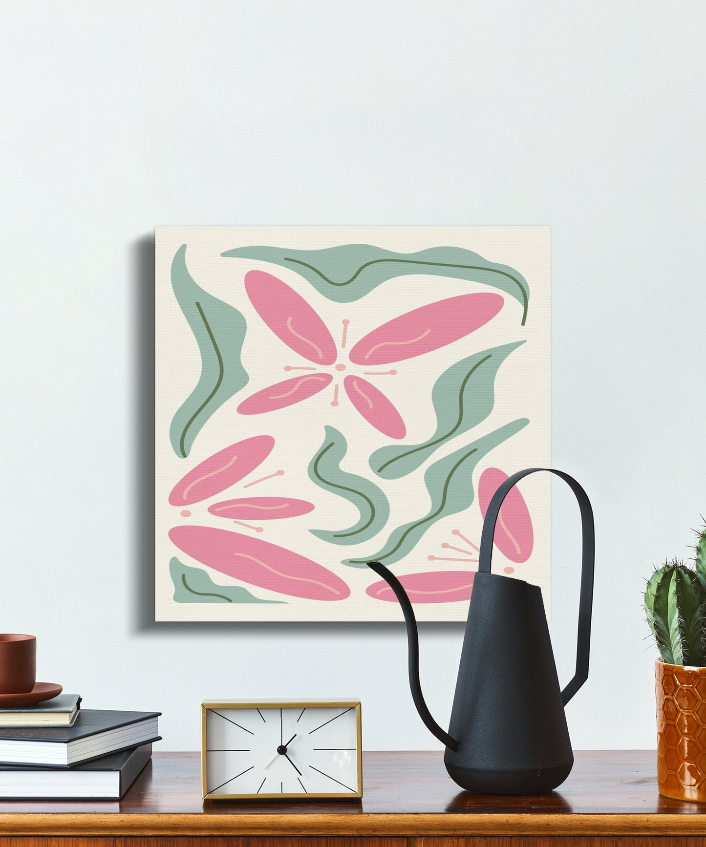Premium Poster of Floral Wall Art with Pink Flowers and Leaves Canvas Wraps