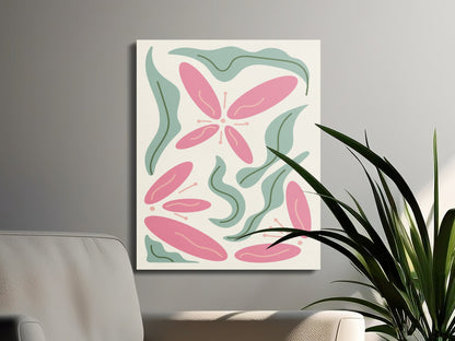 Premium Poster of Floral Wall Art with Pink Flowers and Leaves Canvas Wraps