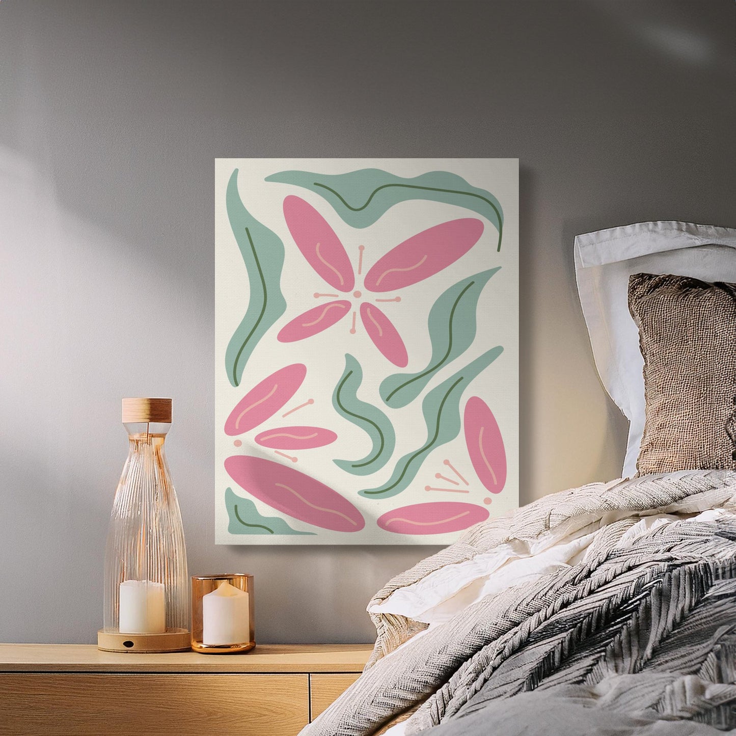 Premium Poster of Floral Wall Art with Pink Flowers and Leaves Canvas Wraps