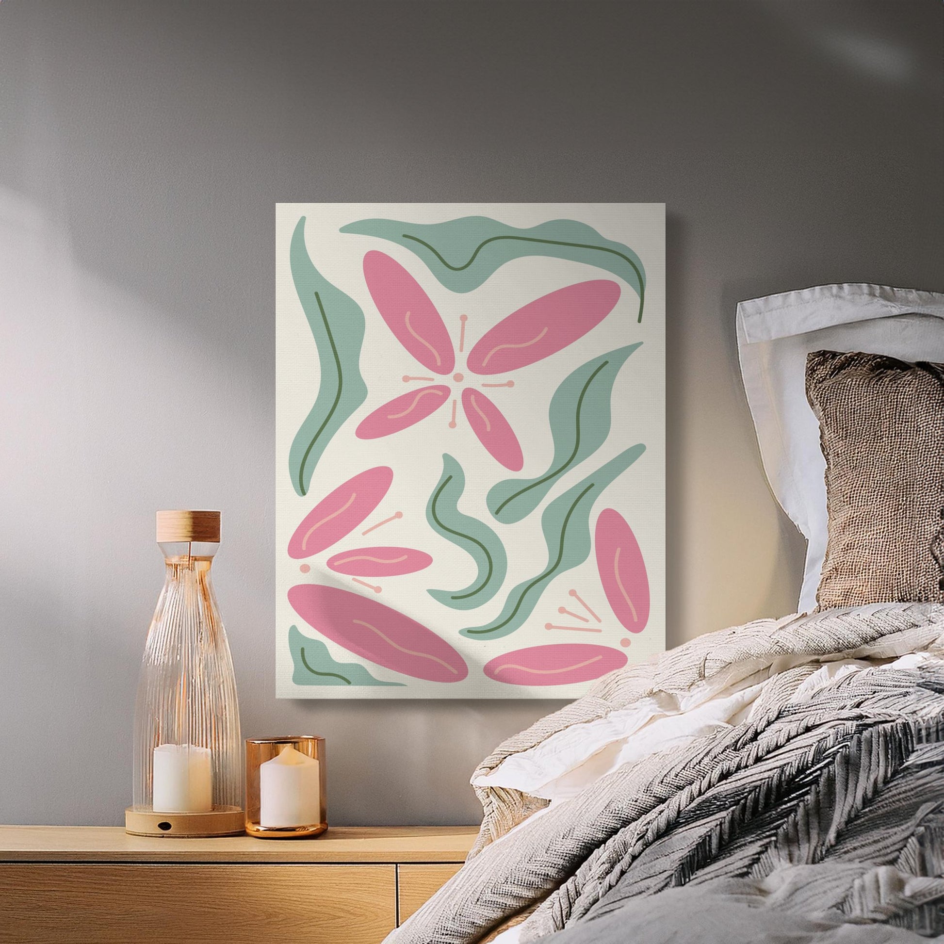Premium Poster of Floral Wall Art with Pink Flowers and Leaves Canvas Wraps