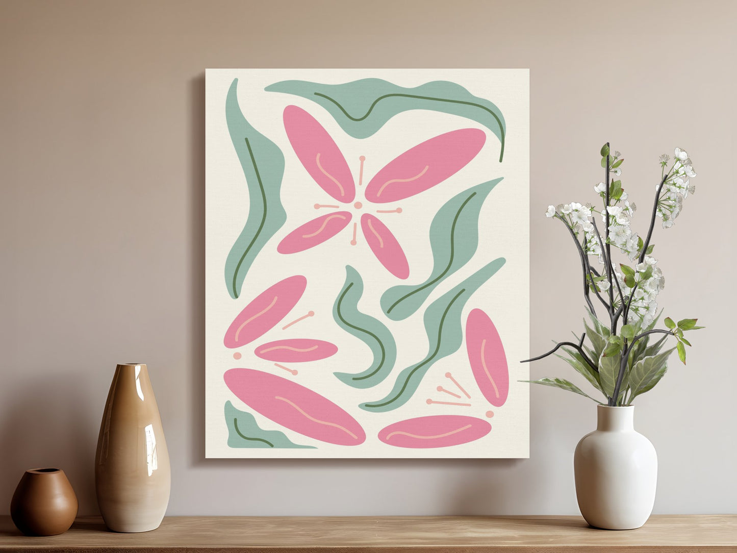 Premium Poster of Floral Wall Art with Pink Flowers and Leaves Canvas Wraps