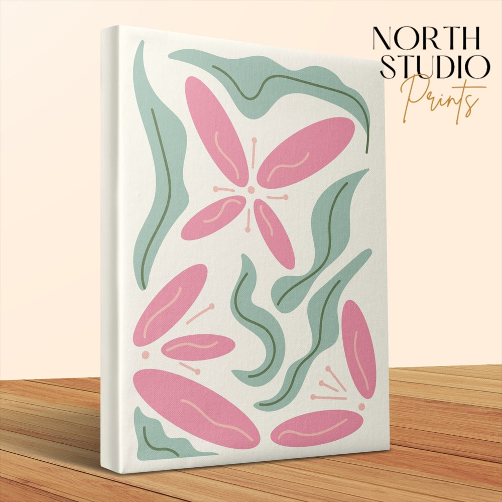 Premium Poster of Floral Wall Art with Pink Flowers and Leaves Canvas Wraps