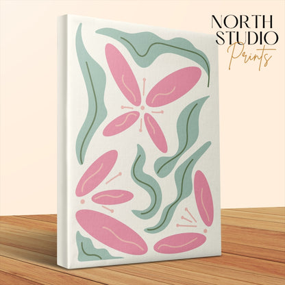 Premium Poster of Floral Wall Art with Pink Flowers and Leaves Canvas Wraps