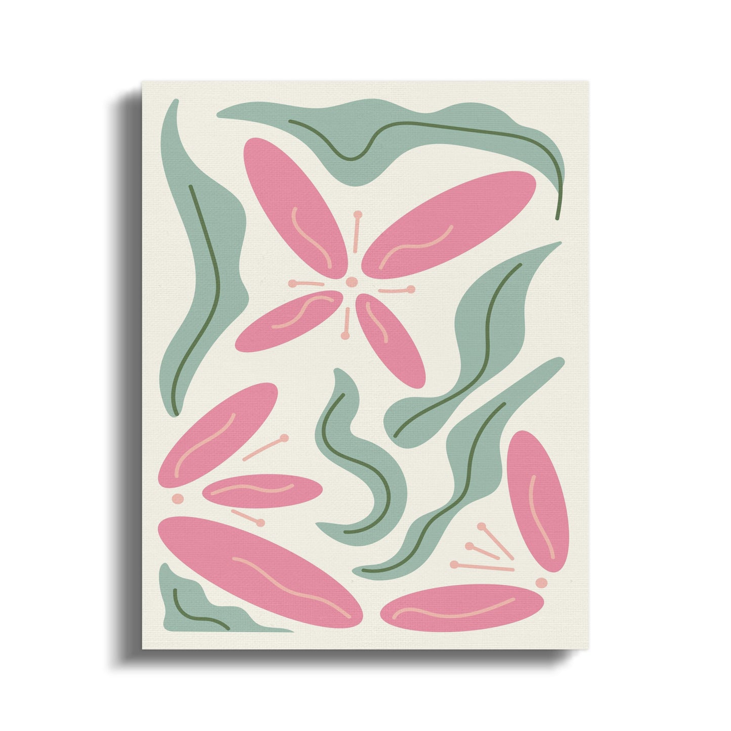 Premium Poster of Floral Wall Art with Pink Flowers and Leaves Canvas Wraps