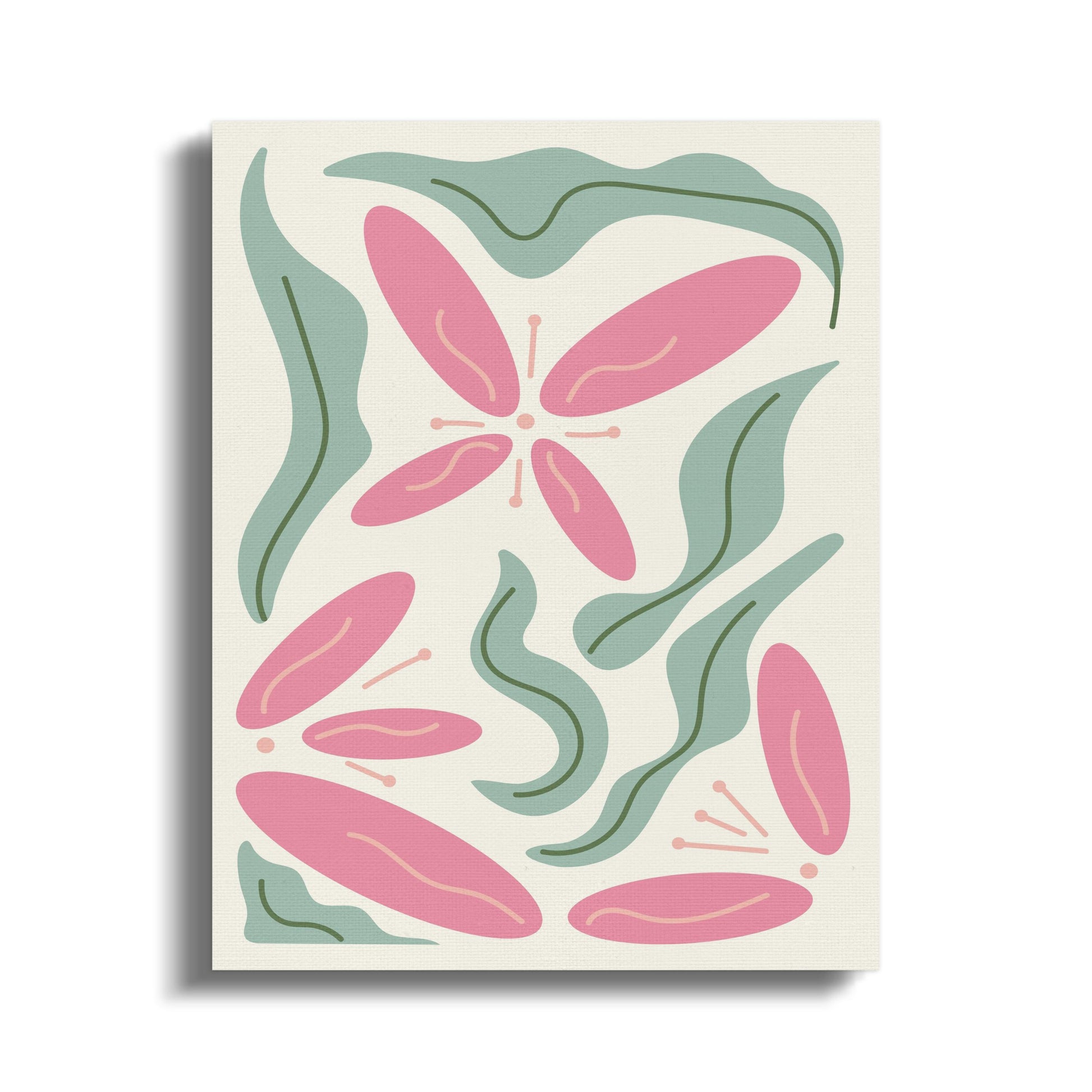 Premium Poster of Floral Wall Art with Pink Flowers and Leaves Canvas Wraps