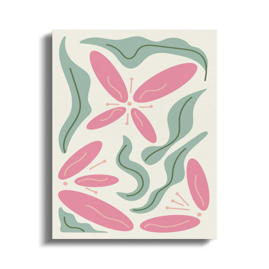 Premium Poster of Floral Wall Art with Pink Flowers and Leaves Canvas Wraps