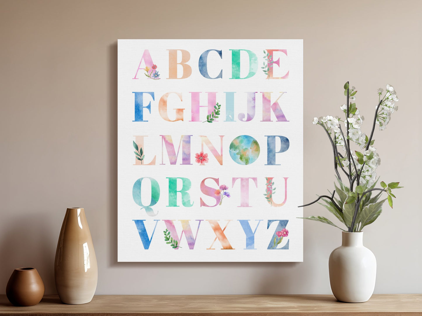 Premium Poster of Floral Watercolor Alphabet Nursery Canvas Wraps