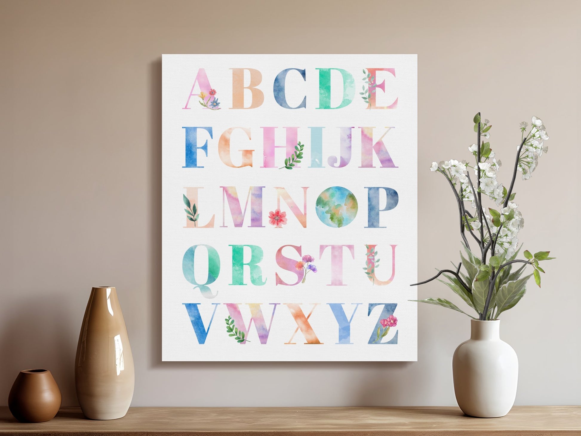 Premium Poster of Floral Watercolor Alphabet Nursery Canvas Wraps