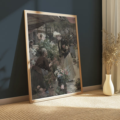 Premium Poster of Flower Market Scene with Women Shopping Posters