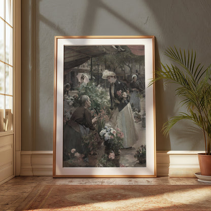 Premium Poster of Flower Market Scene with Women Shopping Posters