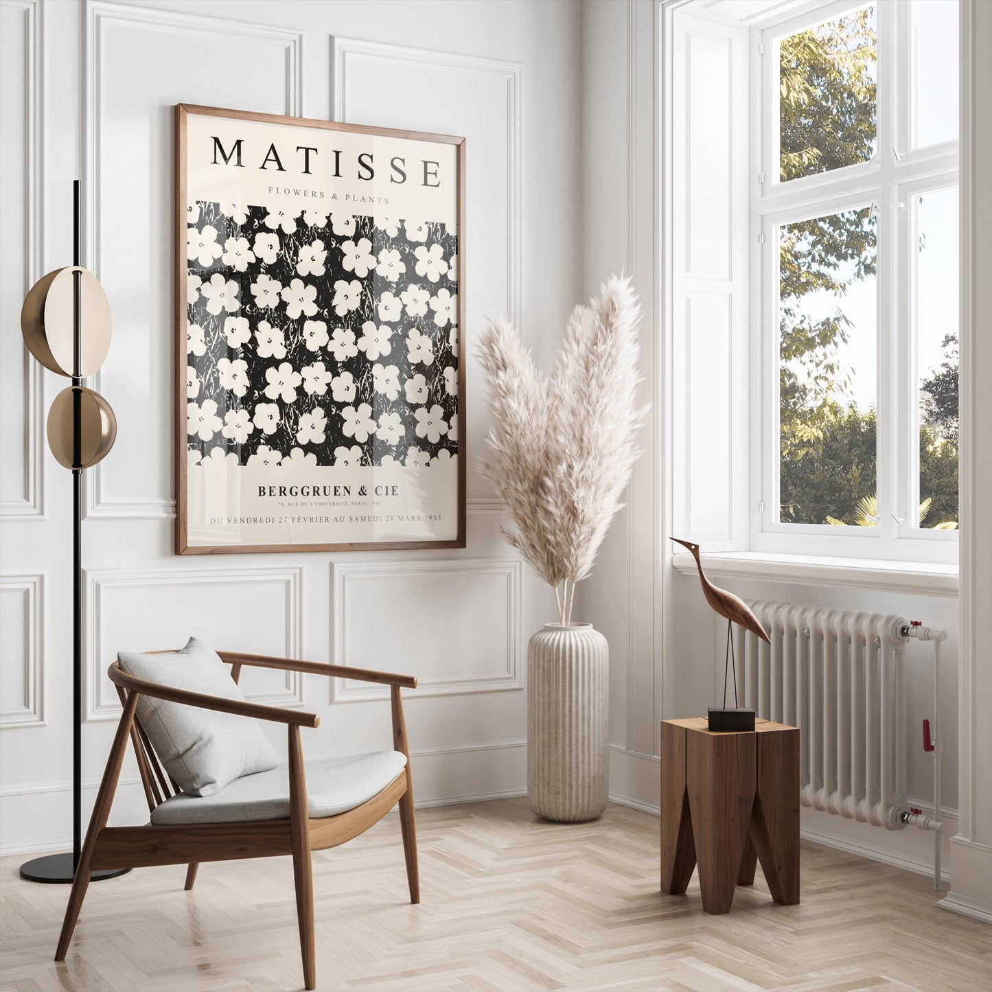 Matisse Flowers & Plants poster in a wooden frame displayed in a modern living room with neutral decor and pampas grass.