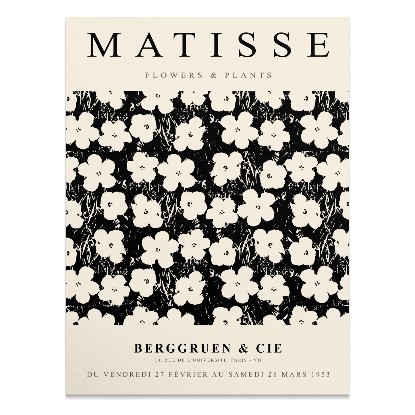 Vintage-style Matisse Flowers & Plants exhibition poster featuring black floral patterns on a cream background with exhibition details.