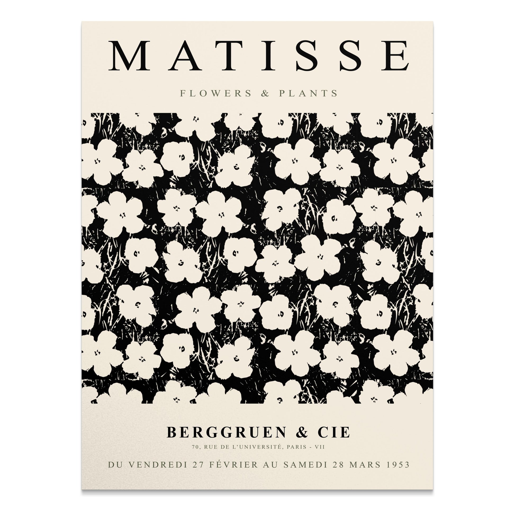 Vintage-style Matisse Flowers & Plants exhibition poster featuring black floral patterns on a cream background with exhibition details.