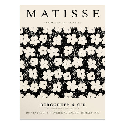 Vintage-style Matisse Flowers & Plants exhibition poster featuring black floral patterns on a cream background with exhibition details.