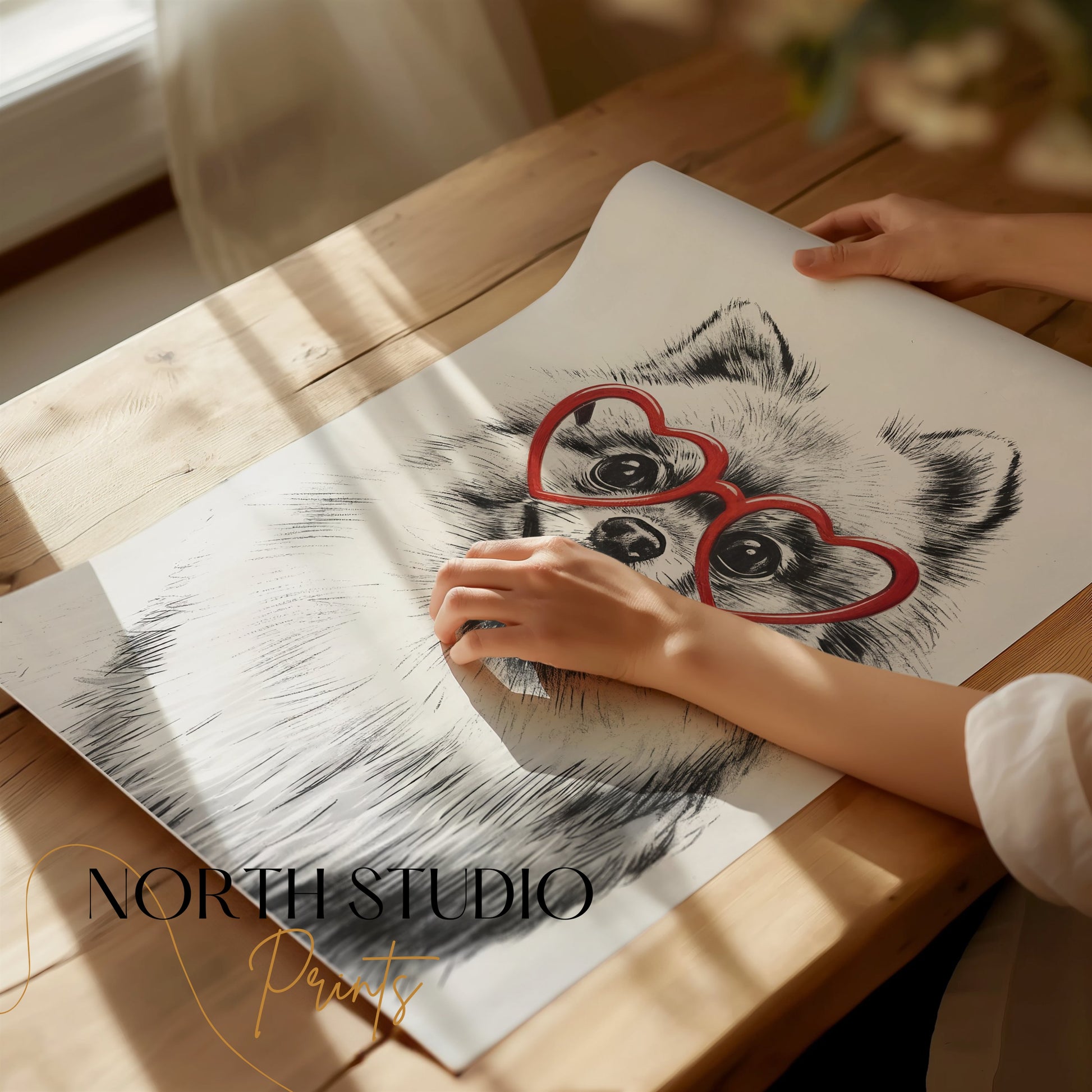 Premium Poster of Fluffy Pomeranian Dog Wearing Heart Shaped Glasses Posters