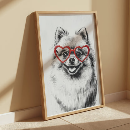 Premium Poster of Fluffy Pomeranian Dog Wearing Heart Shaped Glasses Posters