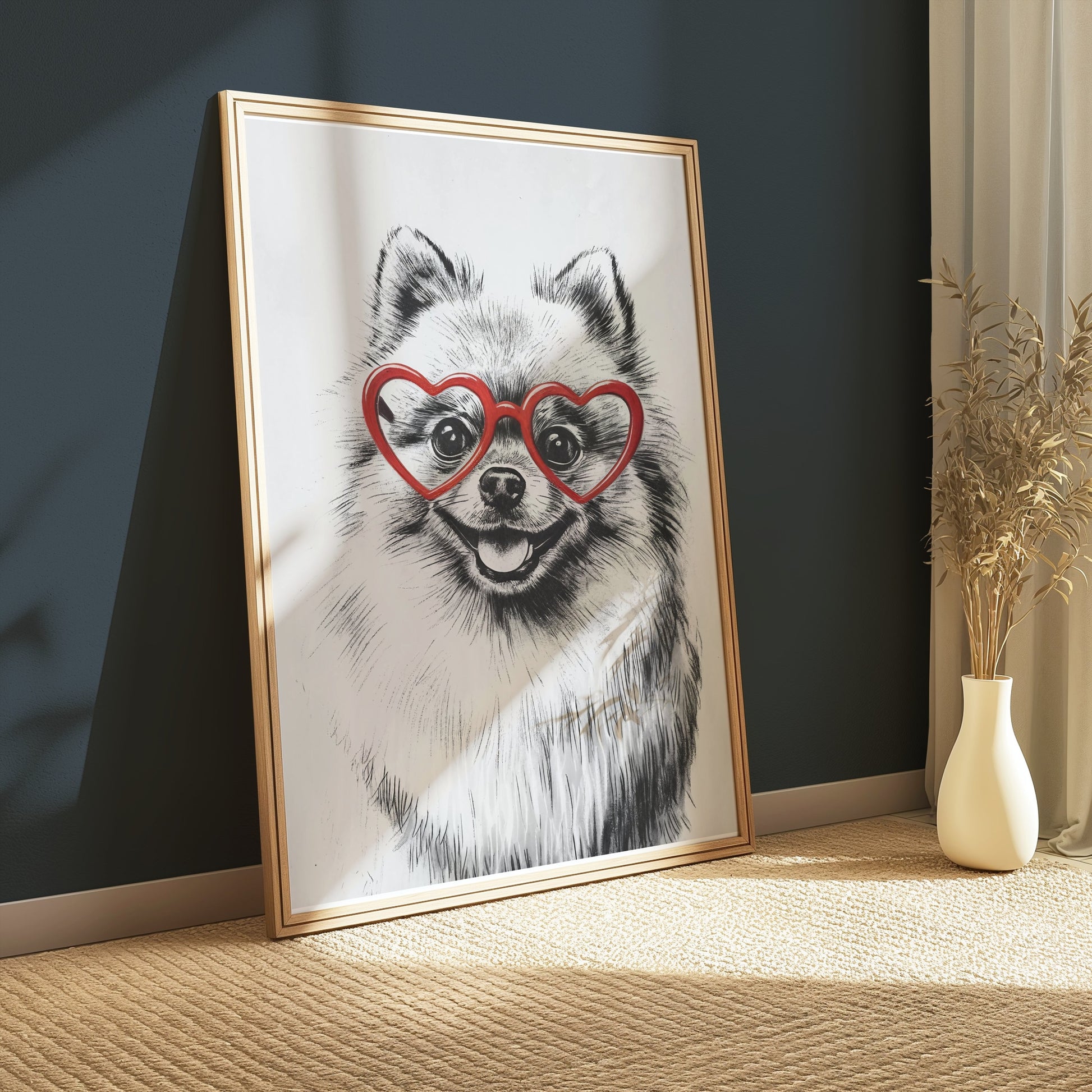 Premium Poster of Fluffy Pomeranian Dog Wearing Heart Shaped Glasses Posters