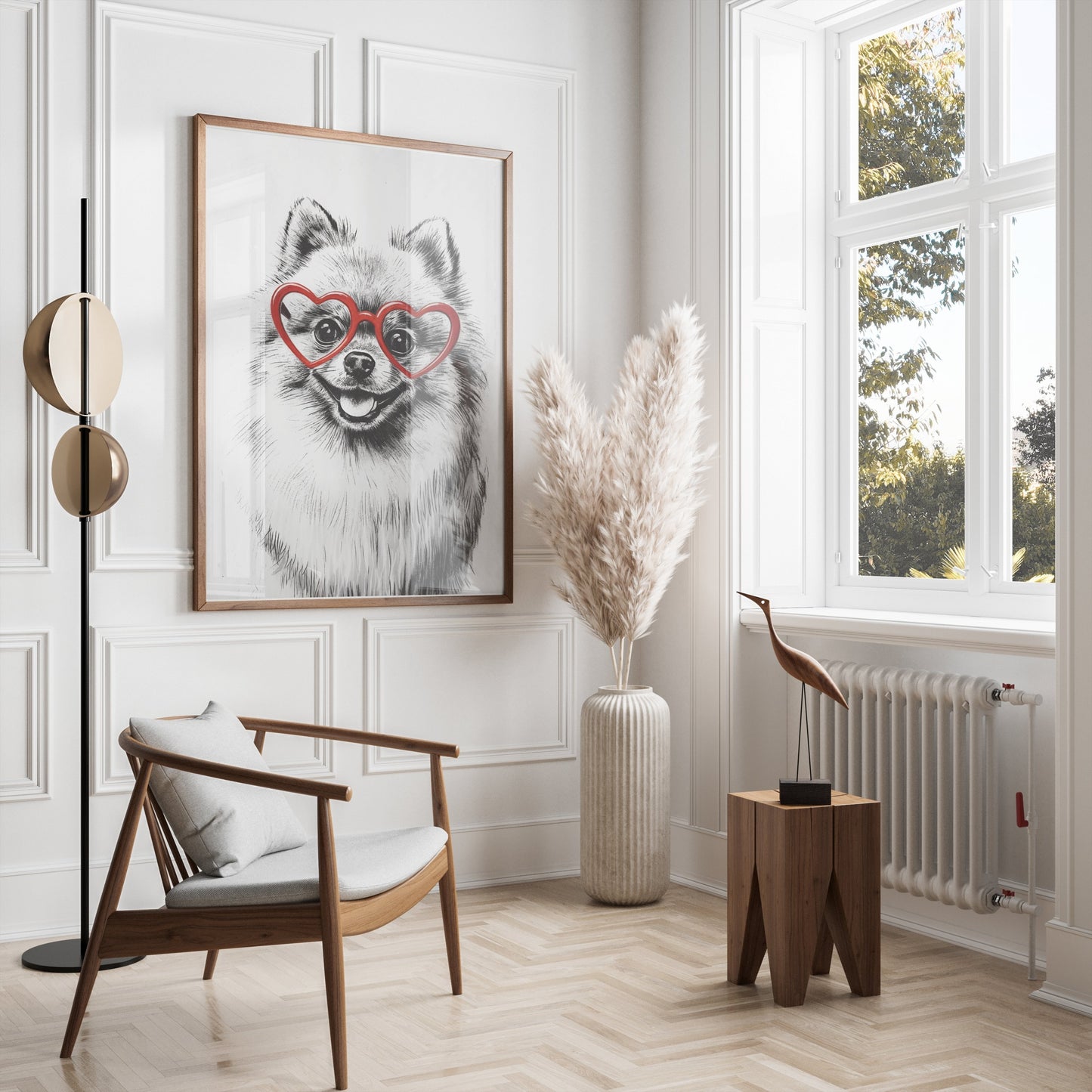 Premium Poster of Fluffy Pomeranian Dog Wearing Heart Shaped Glasses Posters
