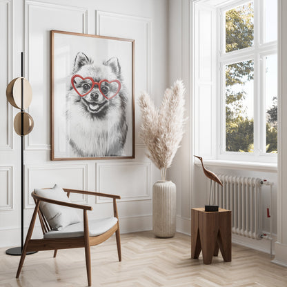 Premium Poster of Fluffy Pomeranian Dog Wearing Heart Shaped Glasses Posters