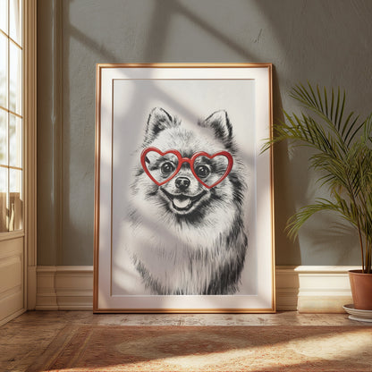Premium Poster of Fluffy Pomeranian Dog Wearing Heart Shaped Glasses Posters