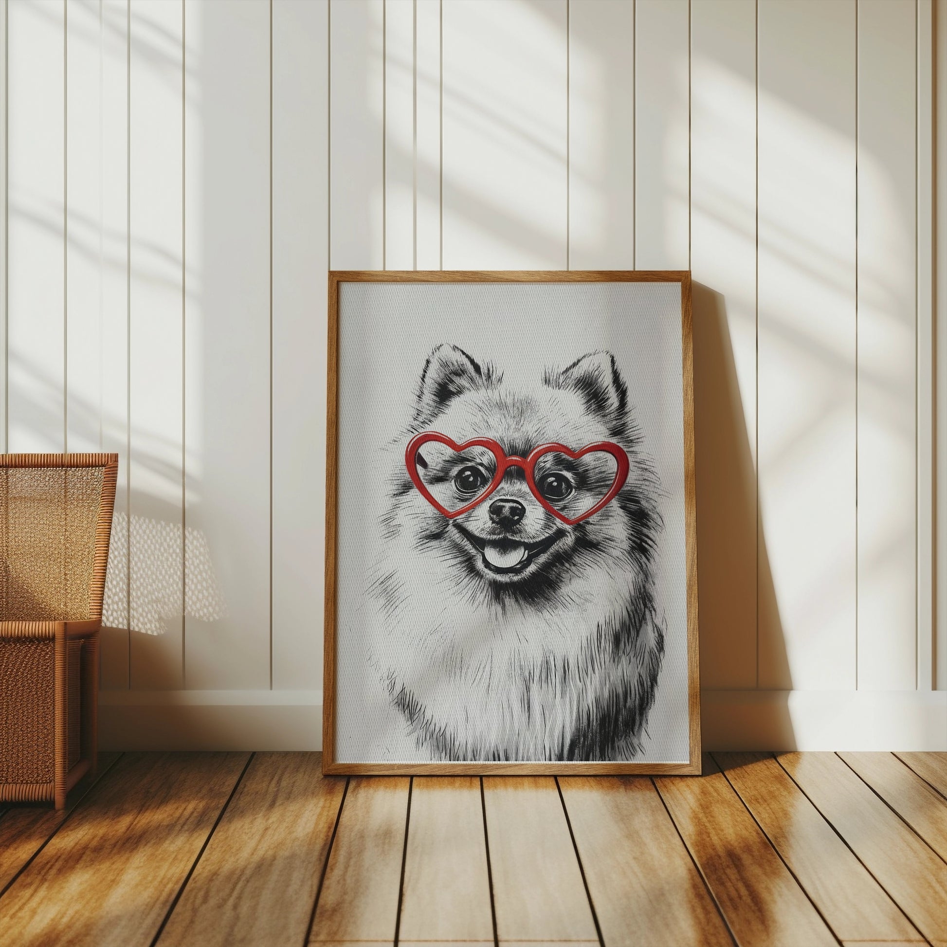Premium Poster of Fluffy Pomeranian Dog Wearing Heart Shaped Glasses Posters