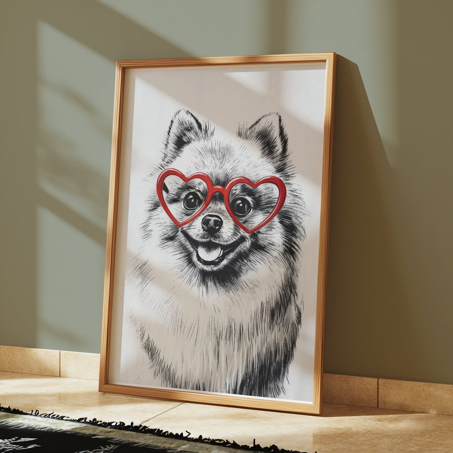 Premium Poster of Fluffy Pomeranian Dog Wearing Heart Shaped Glasses Posters