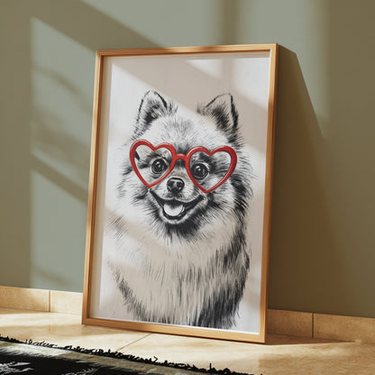 Premium Poster of Fluffy Pomeranian Dog Wearing Heart Shaped Glasses Posters