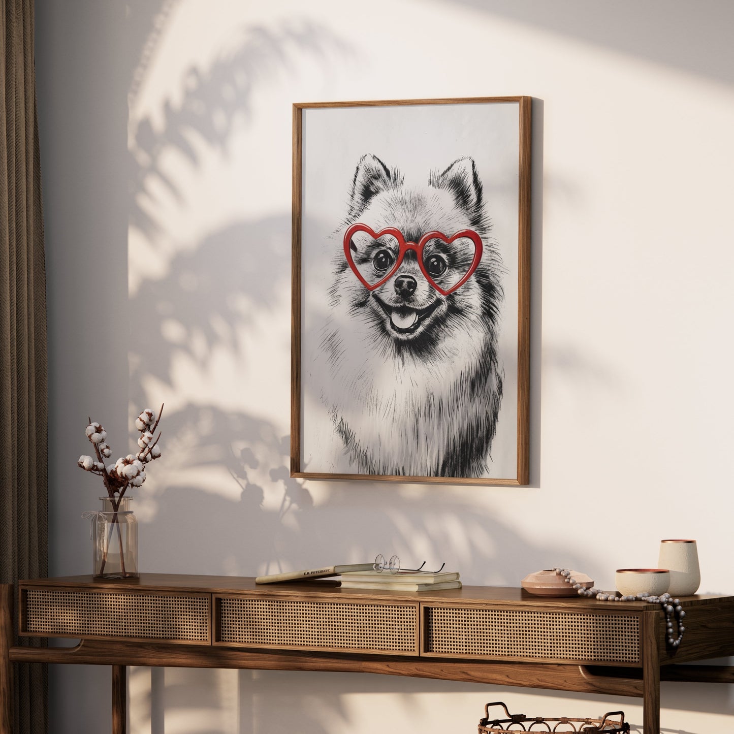 Premium Poster of Fluffy Pomeranian Dog Wearing Heart Shaped Glasses Posters