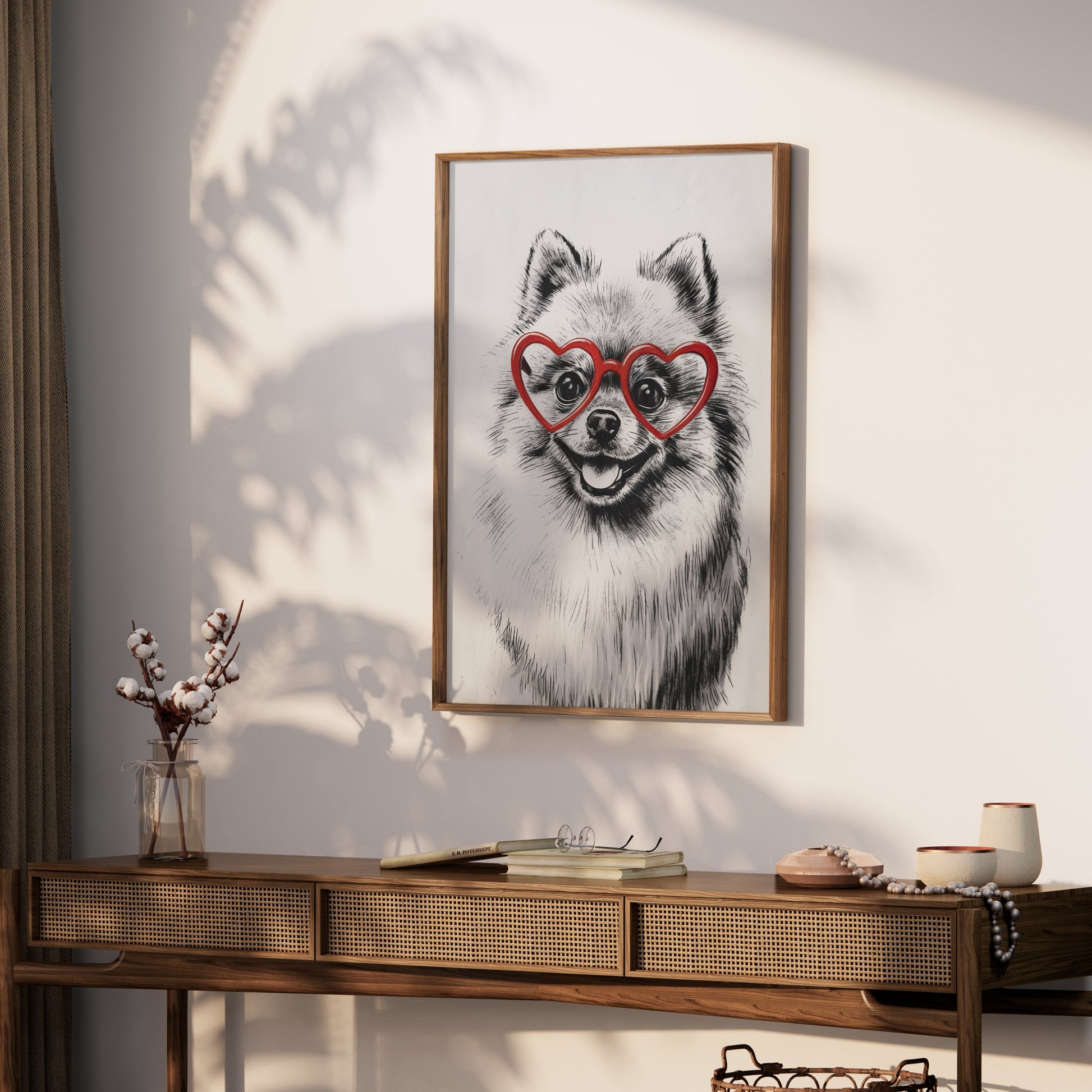 Premium Poster of Fluffy Pomeranian Dog Wearing Heart Shaped Glasses Posters