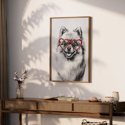Premium Poster of Fluffy Pomeranian Dog Wearing Heart Shaped Glasses Posters