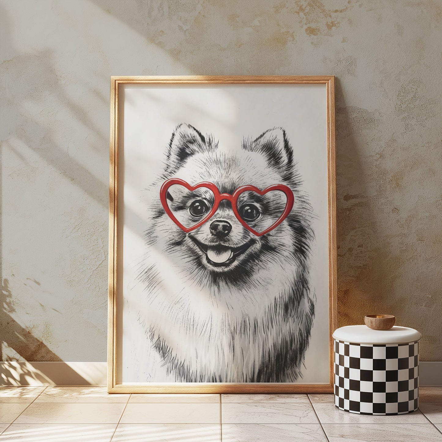 Premium Poster of Fluffy Pomeranian Dog Wearing Heart Shaped Glasses Posters