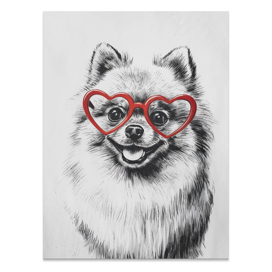 Premium Poster of Fluffy Pomeranian Dog Wearing Heart Shaped Glasses Posters