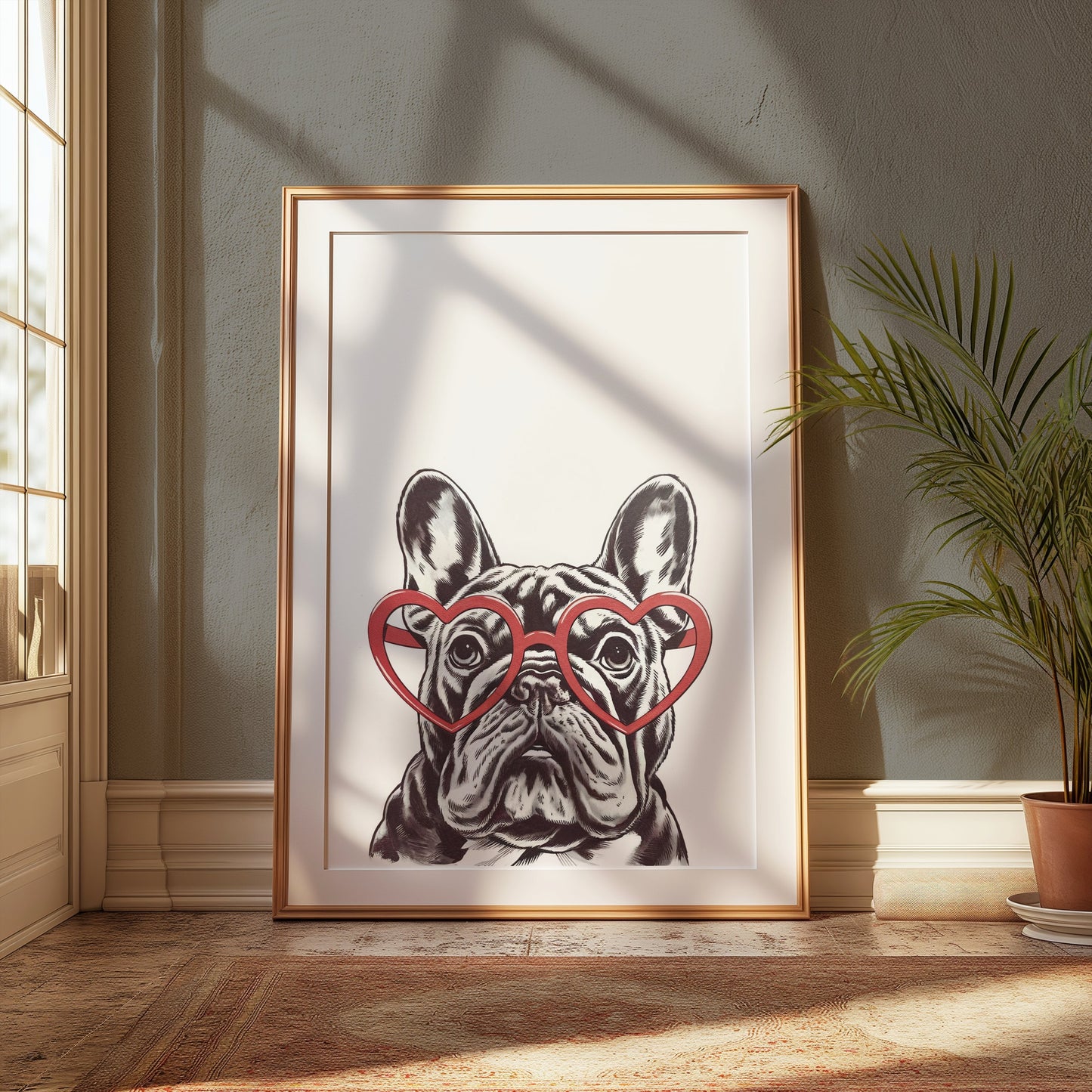 Premium Poster of French Bulldog Art Print with Heart Glasses Posters