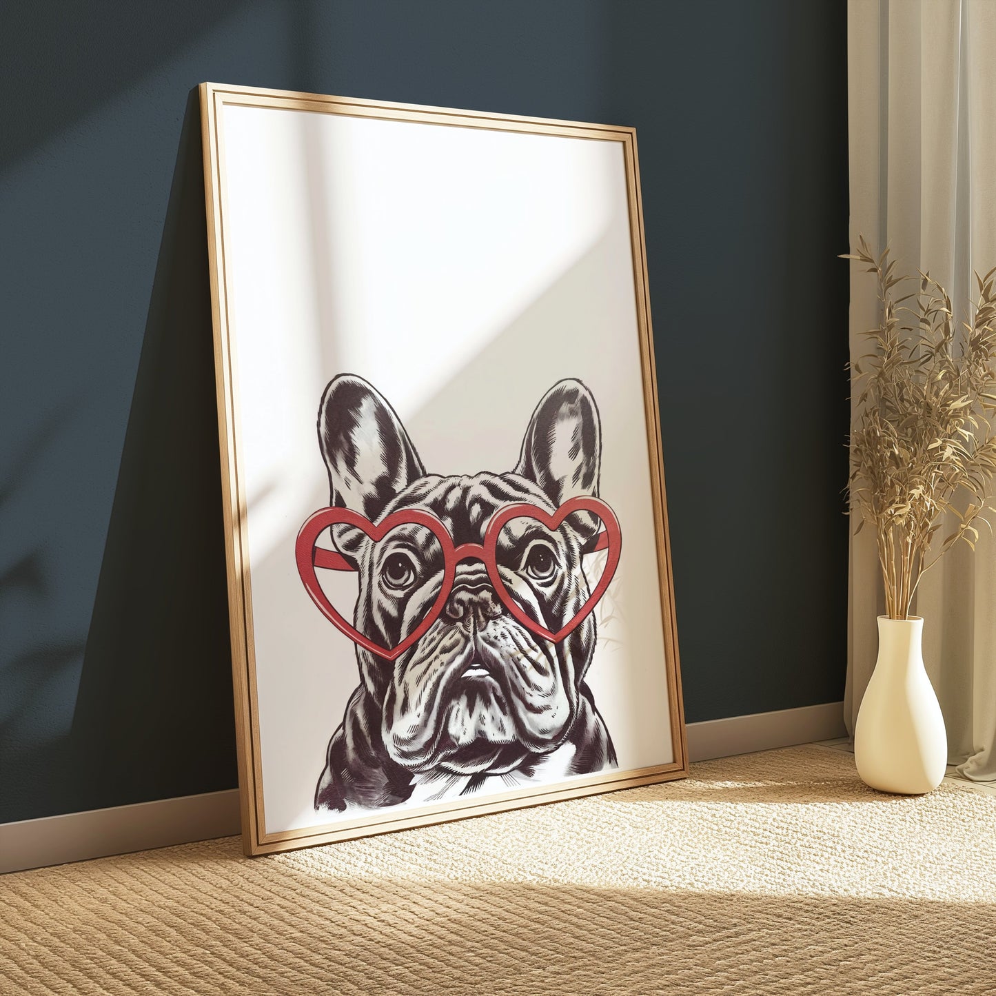 Premium Poster of French Bulldog Art Print with Heart Glasses Posters