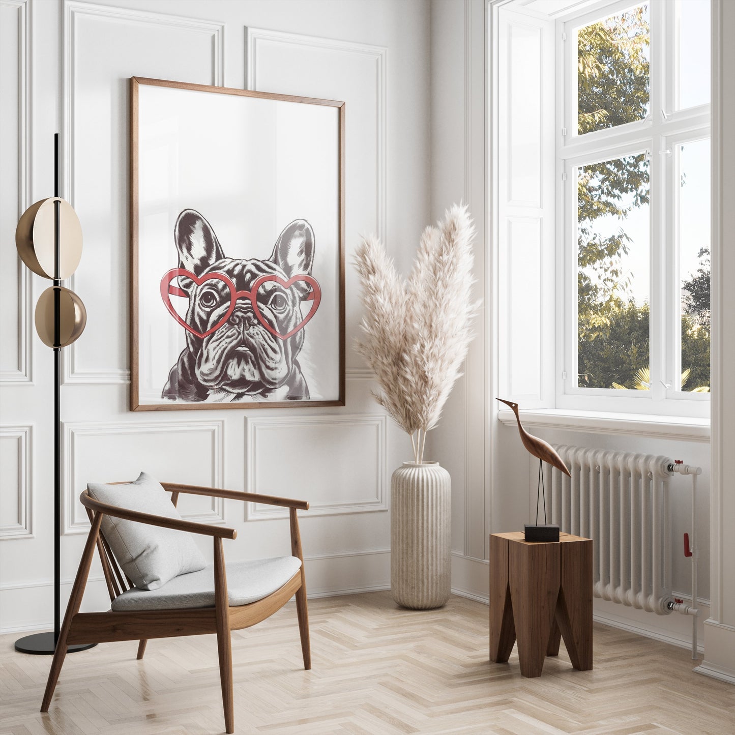 Premium Poster of French Bulldog Art Print with Heart Glasses Posters