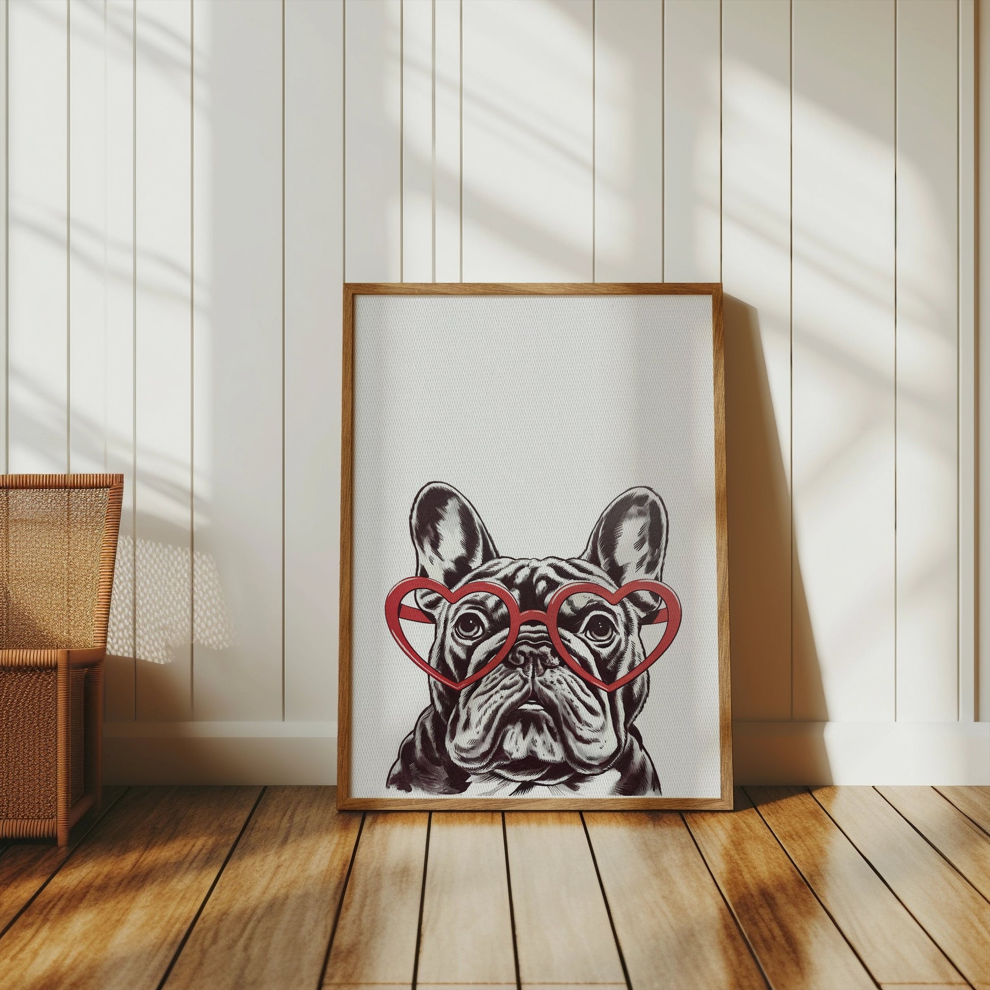 Premium Poster of French Bulldog Art Print with Heart Glasses Posters