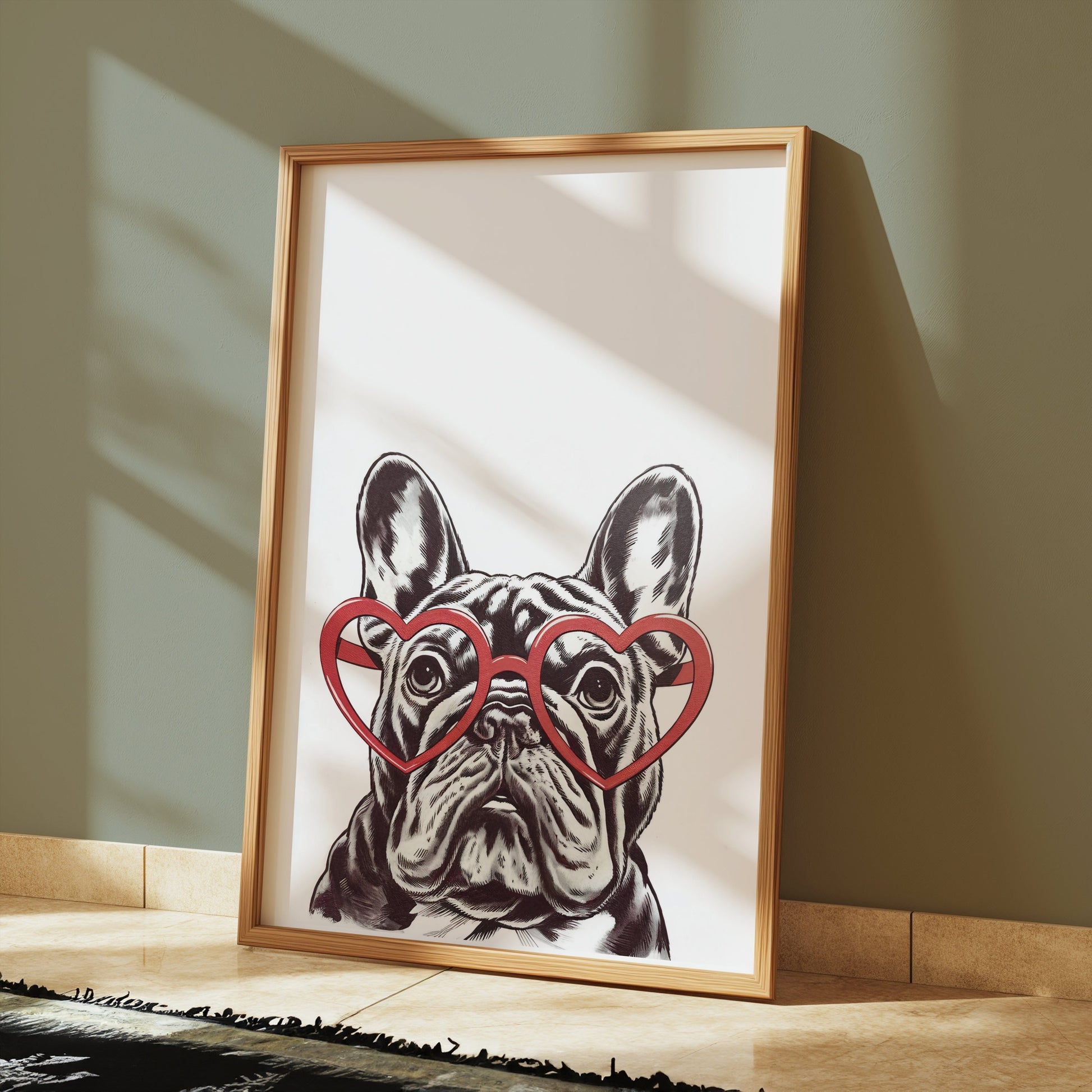 Premium Poster of French Bulldog Art Print with Heart Glasses Posters