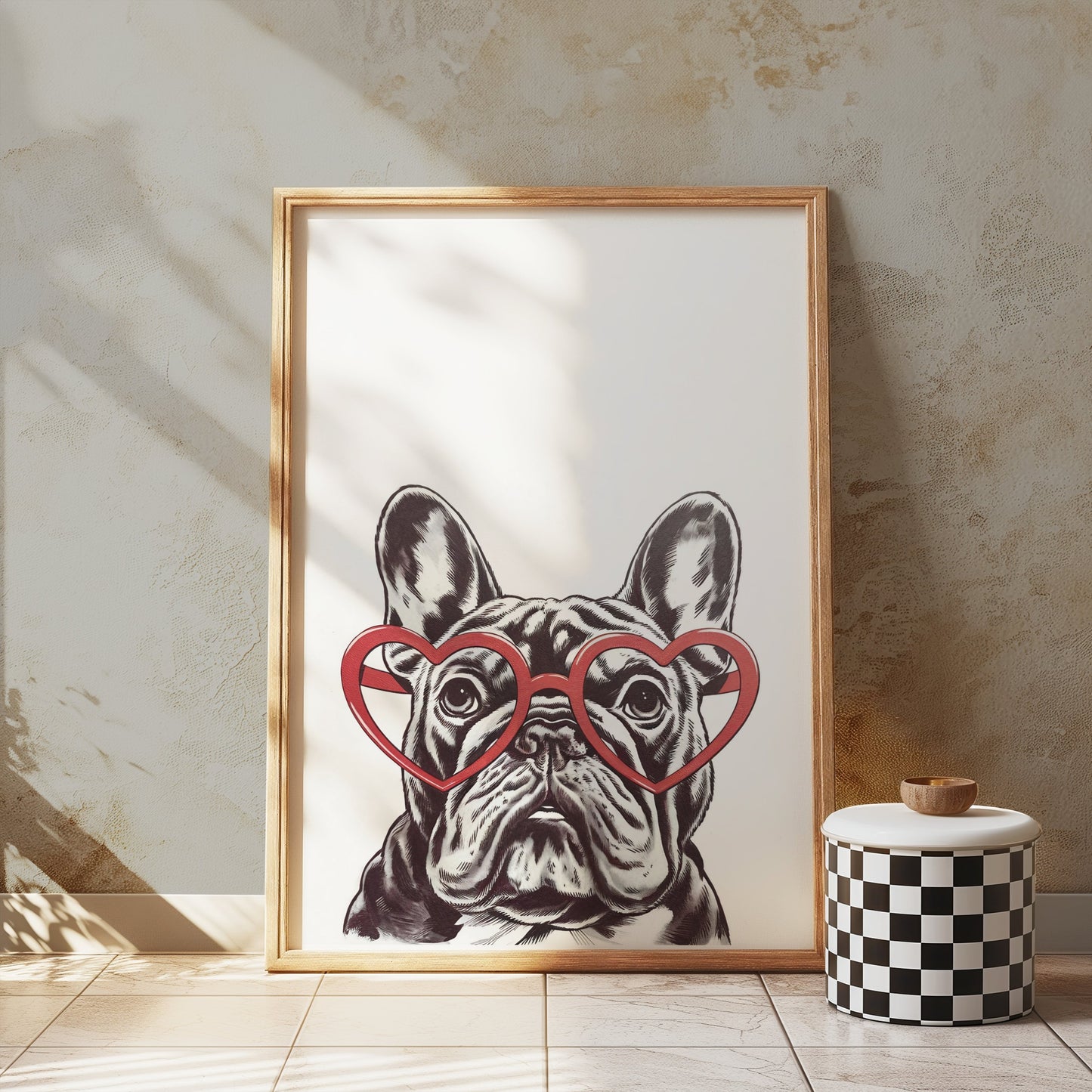Premium Poster of French Bulldog Art Print with Heart Glasses Posters