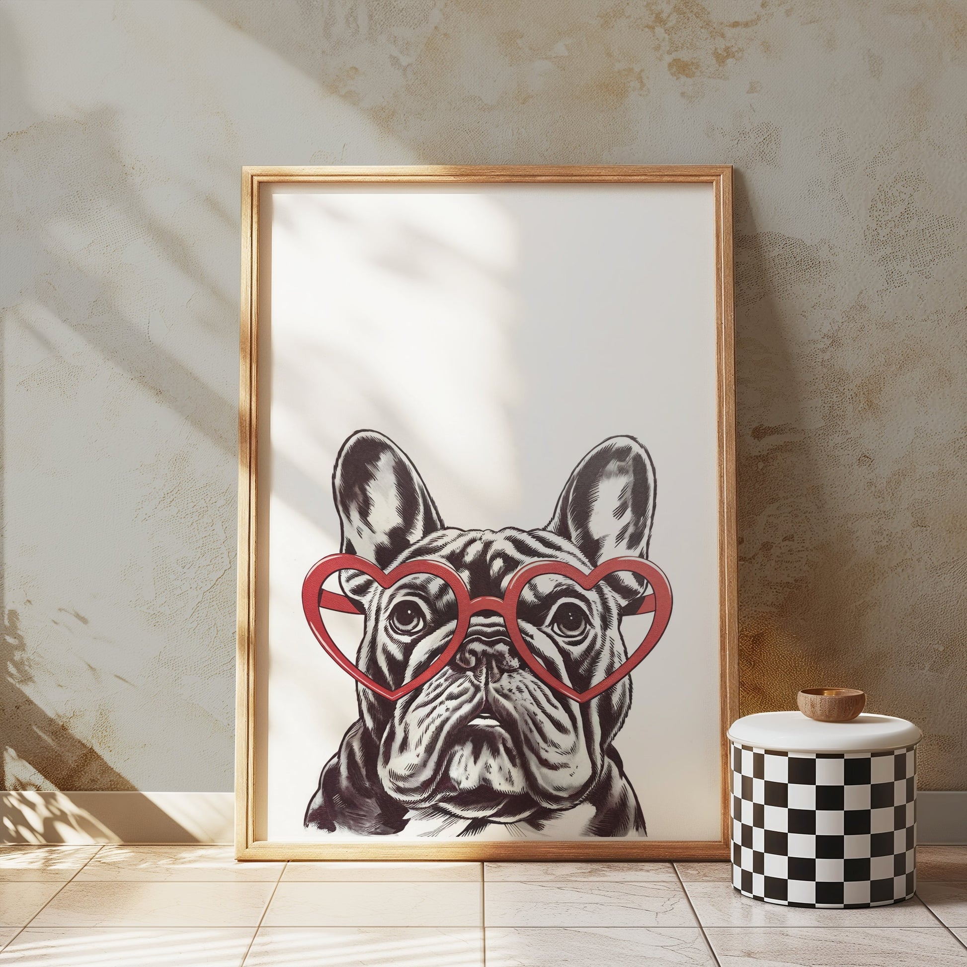 Premium Poster of French Bulldog Art Print with Heart Glasses Posters